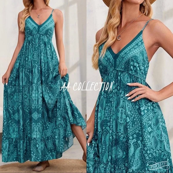 Bohemian Boho Gypsy Ruffle Cami Maxi Dress - Picture 2 of 8